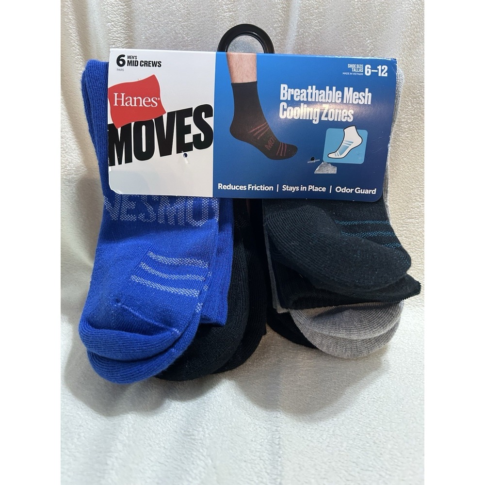Hanes MOVES Set of 6 Breathable Mesh Cooling Zone Mid-Crew Socks Size 6-12 NEW